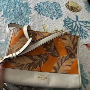 Coach Orange and Cream Leaf Print Handbag